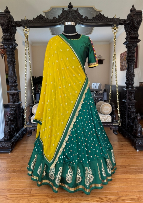 Green Bandhej Silk Flare Chaniya